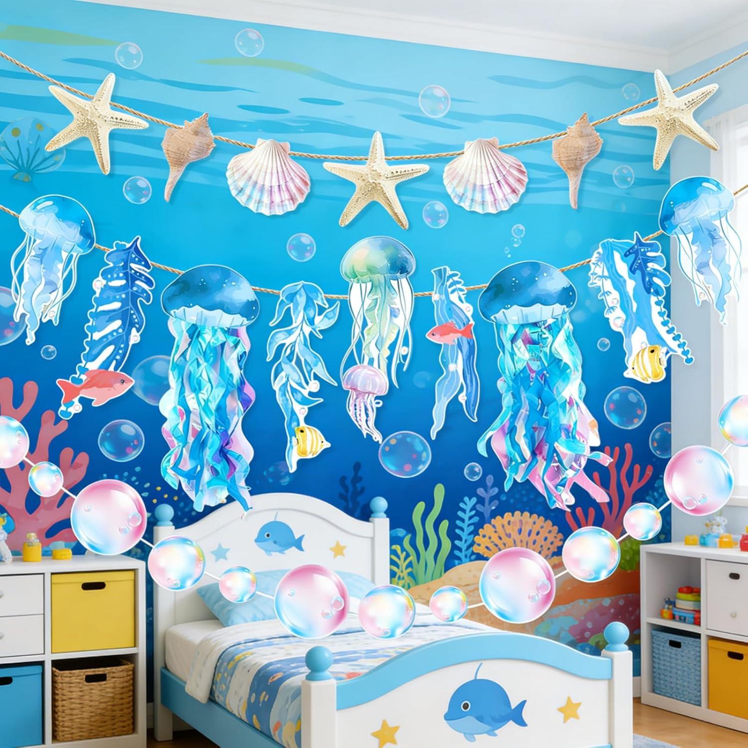 image:imageSUNBEAUTY Starfish Seashell Banner Ocean Theme Party Decoration Jellyfish Hanging Garland 98ft Blue Bubble Garlands for Under The Sea Beach Theme Birthday Decor Mermaid Summer Party DecorBlue Ocean Garland