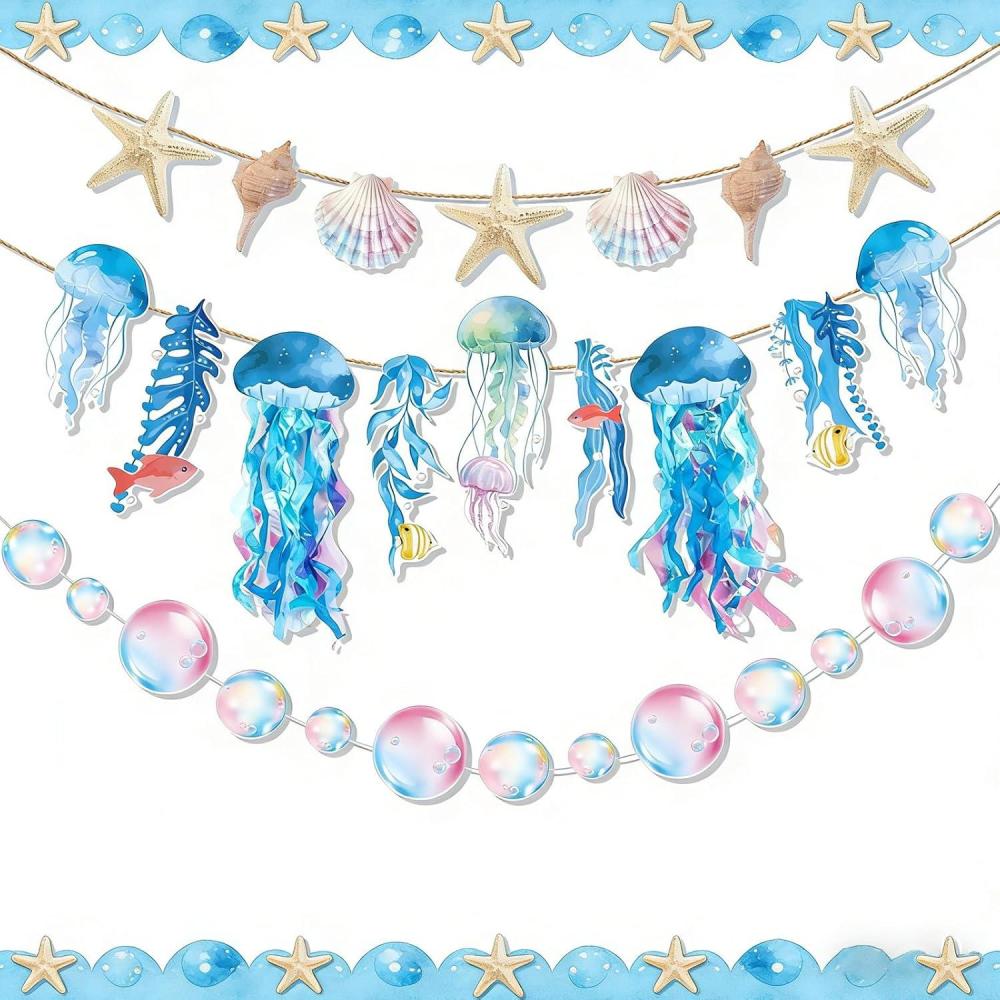 image:imageSUNBEAUTY Starfish Seashell Banner Ocean Theme Party Decoration Jellyfish Hanging Garland 98ft Blue Bubble Garlands for Under The Sea Beach Theme Birthday Decor Mermaid Summer Party DecorBlue Ocean Garland
