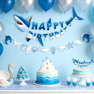 SUNBEAUTY Starfish Seashell Banner Ocean Theme Party Decoration Jellyfish Hanging Garland 9.8ft Blue Bubble Garlands for Under The Sea Beach Theme Birthday Decor Mermaid Summer Party Decor(Blue White Shark Birthday Banner)