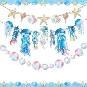 SUNBEAUTY Starfish Seashell Banner Ocean Theme Party Decoration Jellyfish Hanging Garland 9.8ft Blue Bubble Garlands for Under The Sea Beach Theme Birthday Decor Mermaid Summer Party Decor(Blue Ocean Garland)