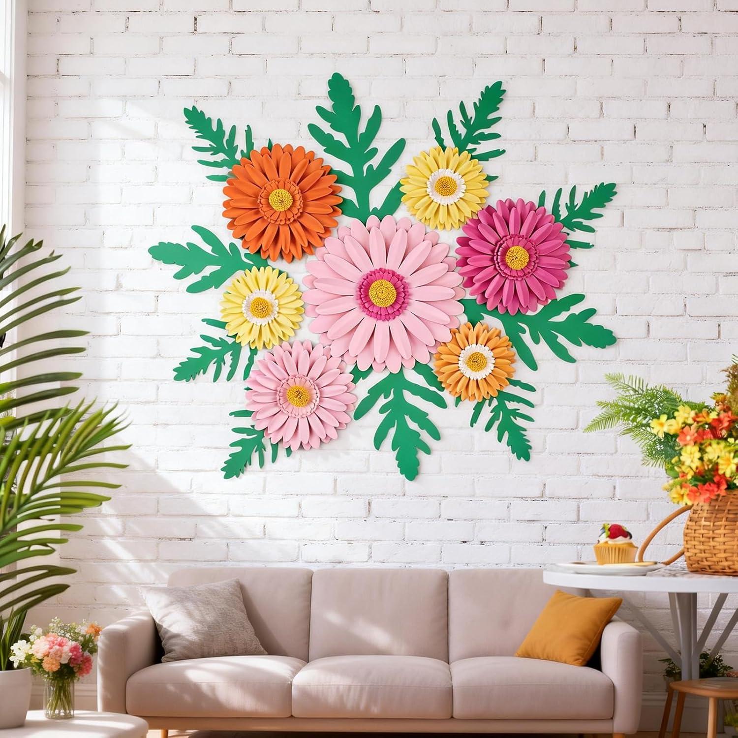 image:imagePaper Flower Decoration for Wall 3D Paper Butterfly Flower Bulletin Board Decor Pink White Artificial Flower Backdrop Wall Decor Green Leaves Vine for Classroom Office Spring Garden Tea Women BirthdayDaisy Flowerpink orange