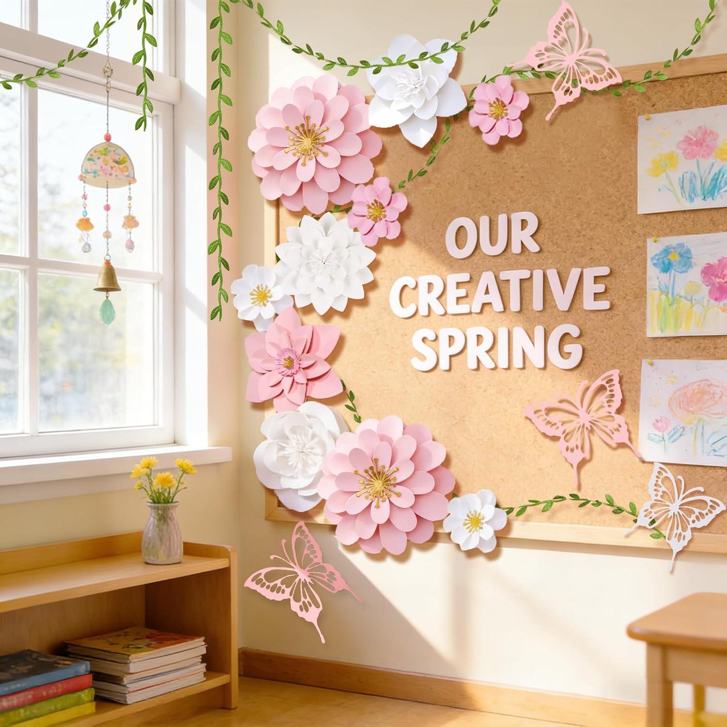image:imagePaper Flower Decoration for Wall 3D Paper Butterfly Flower Bulletin Board Decor Pink White Artificial Flower Backdrop Wall Decor Green Leaves Vine for Classroom Office Spring Garden Tea Women BirthdayPink White Paper Flower