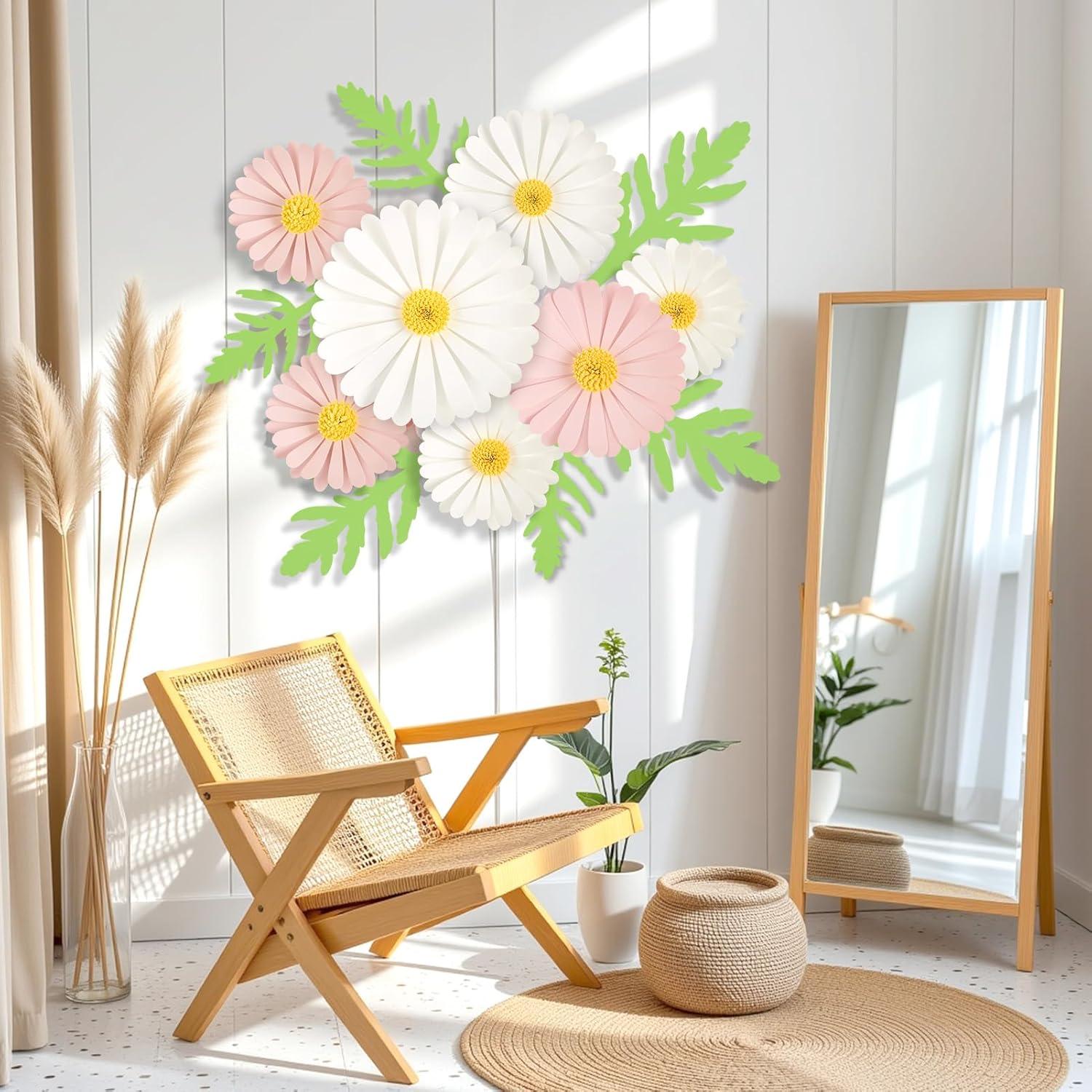 image:imagePaper Flower Decoration for Wall 3D Paper Butterfly Flower Bulletin Board Decor Pink White Artificial Flower Backdrop Wall Decor Green Leaves Vine for Classroom Office Spring Garden Tea Women BirthdayPink White Daisy Paper Flowers