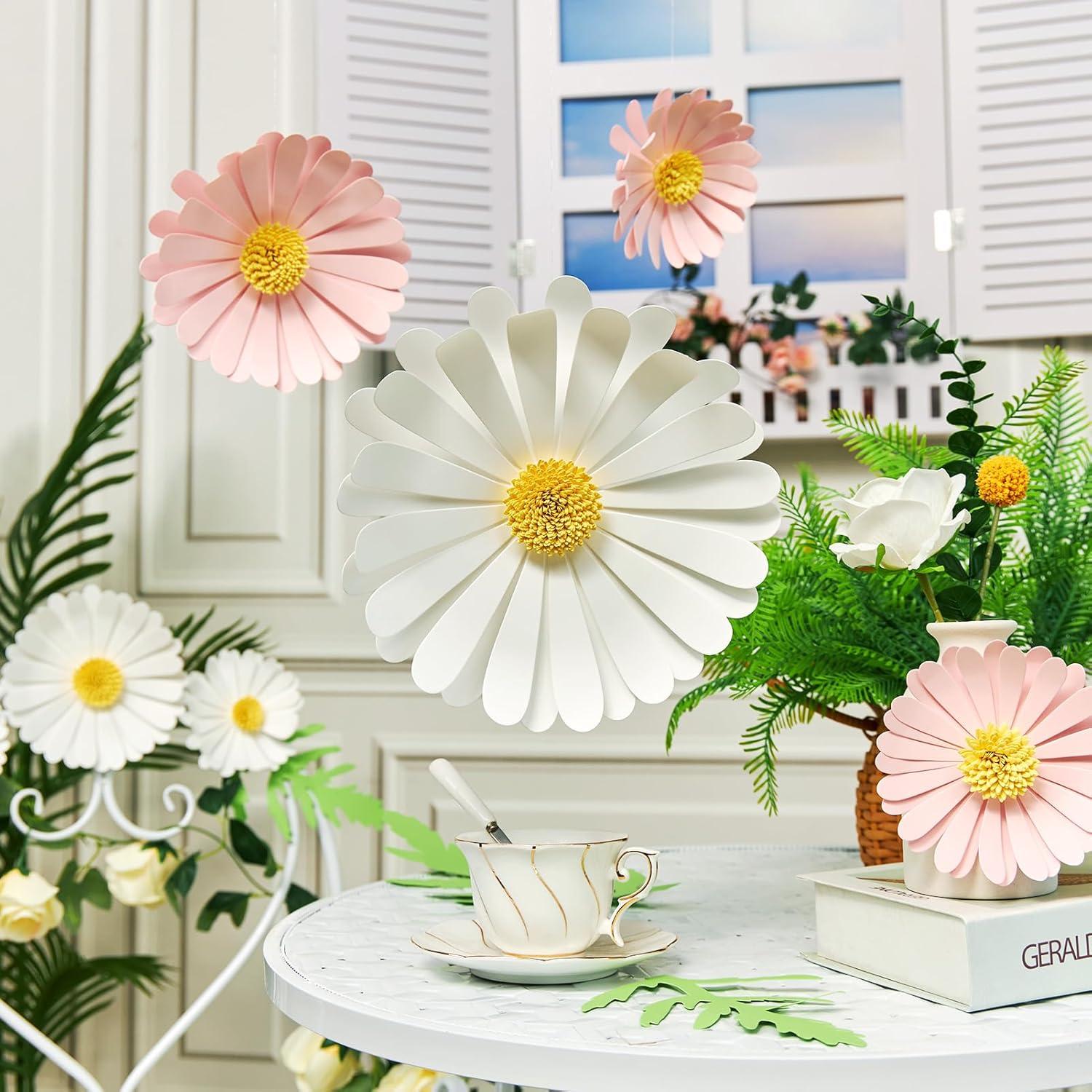image:imagePaper Flower Decoration for Wall 3D Paper Butterfly Flower Bulletin Board Decor Pink White Artificial Flower Backdrop Wall Decor Green Leaves Vine for Classroom Office Spring Garden Tea Women BirthdayPink White Daisy Paper Flowers