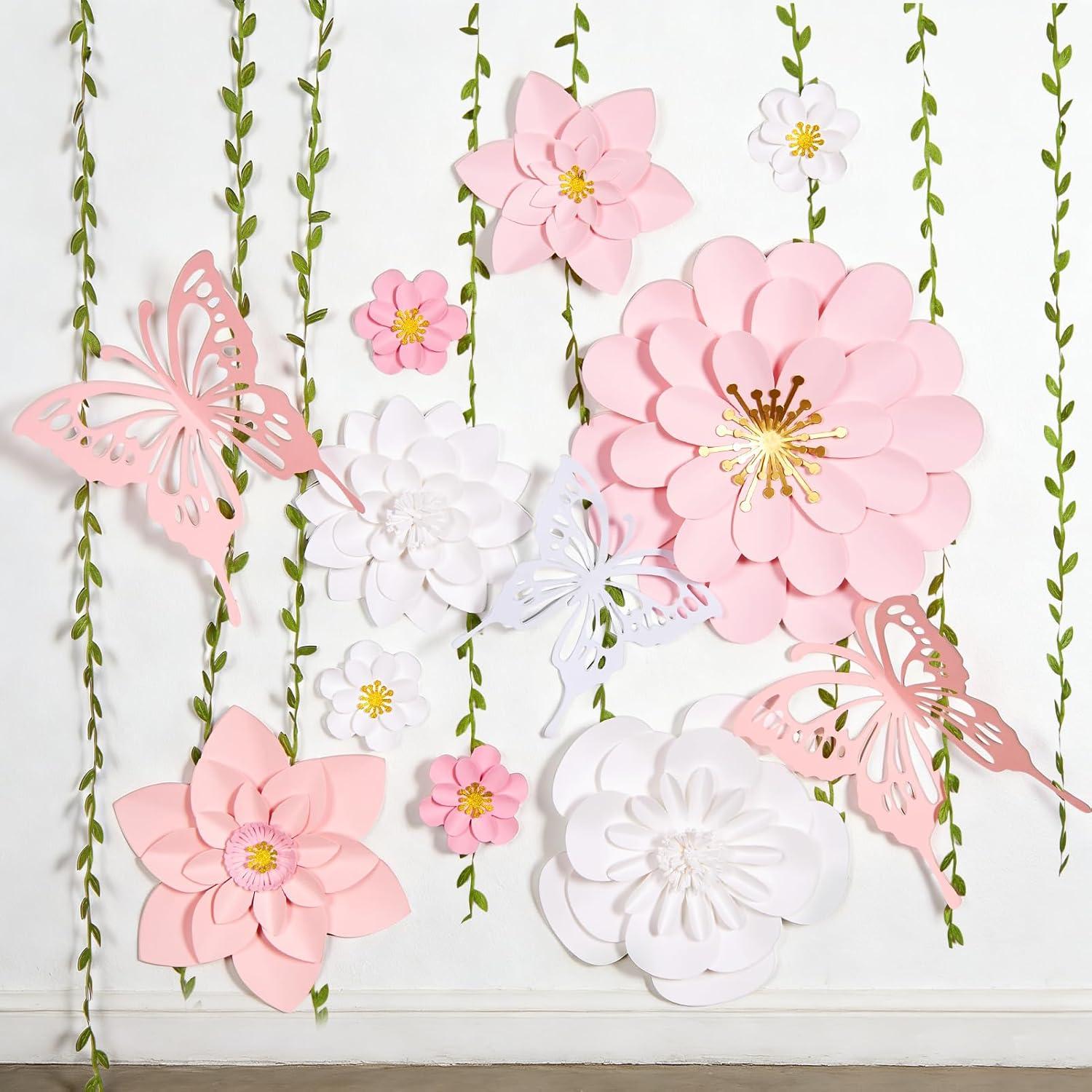 image:imagePaper Flower Decoration for Wall 3D Paper Butterfly Flower Bulletin Board Decor Pink White Artificial Flower Backdrop Wall Decor Green Leaves Vine for Classroom Office Spring Garden Tea Women BirthdayPink White Paper Flower