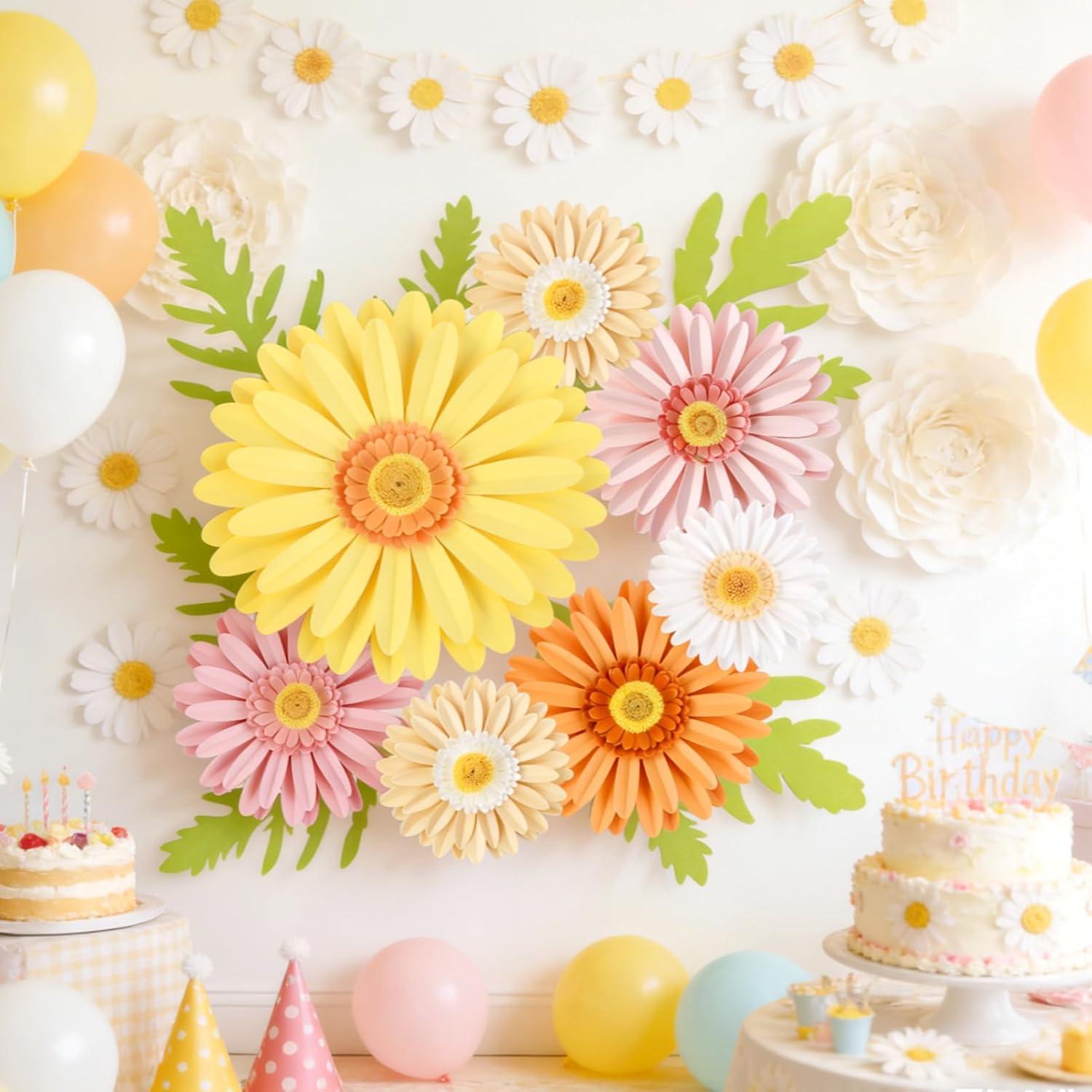 image:imagePaper Flower Decoration for Wall 3D Paper Butterfly Flower Bulletin Board Decor Pink White Artificial Flower Backdrop Wall Decor Green Leaves Vine for Classroom Office Spring Garden Tea Women BirthdayDaisy Paper Flowers