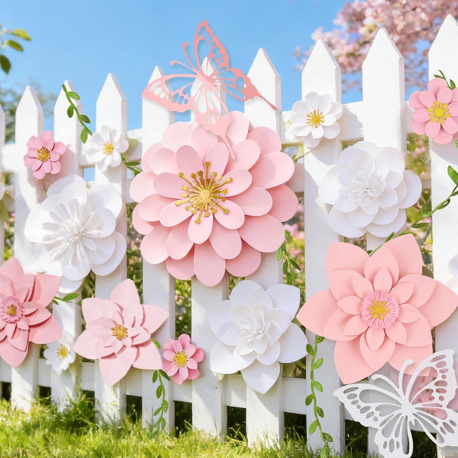 image:imagePaper Flower Decoration for Wall 3D Paper Butterfly Flower Bulletin Board Decor Pink White Artificial Flower Backdrop Wall Decor Green Leaves Vine for Classroom Office Spring Garden Tea Women BirthdayPink White Paper Flower