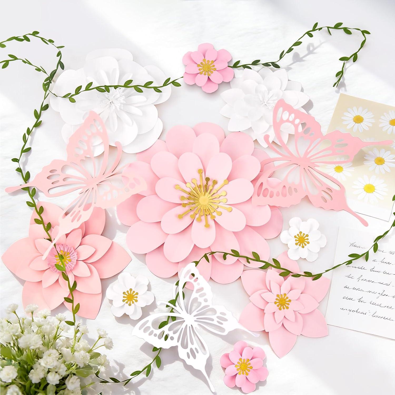 image:imagePaper Flower Decoration for Wall 3D Paper Butterfly Flower Bulletin Board Decor Pink White Artificial Flower Backdrop Wall Decor Green Leaves Vine for Classroom Office Spring Garden Tea Women BirthdayPink White Paper Flower