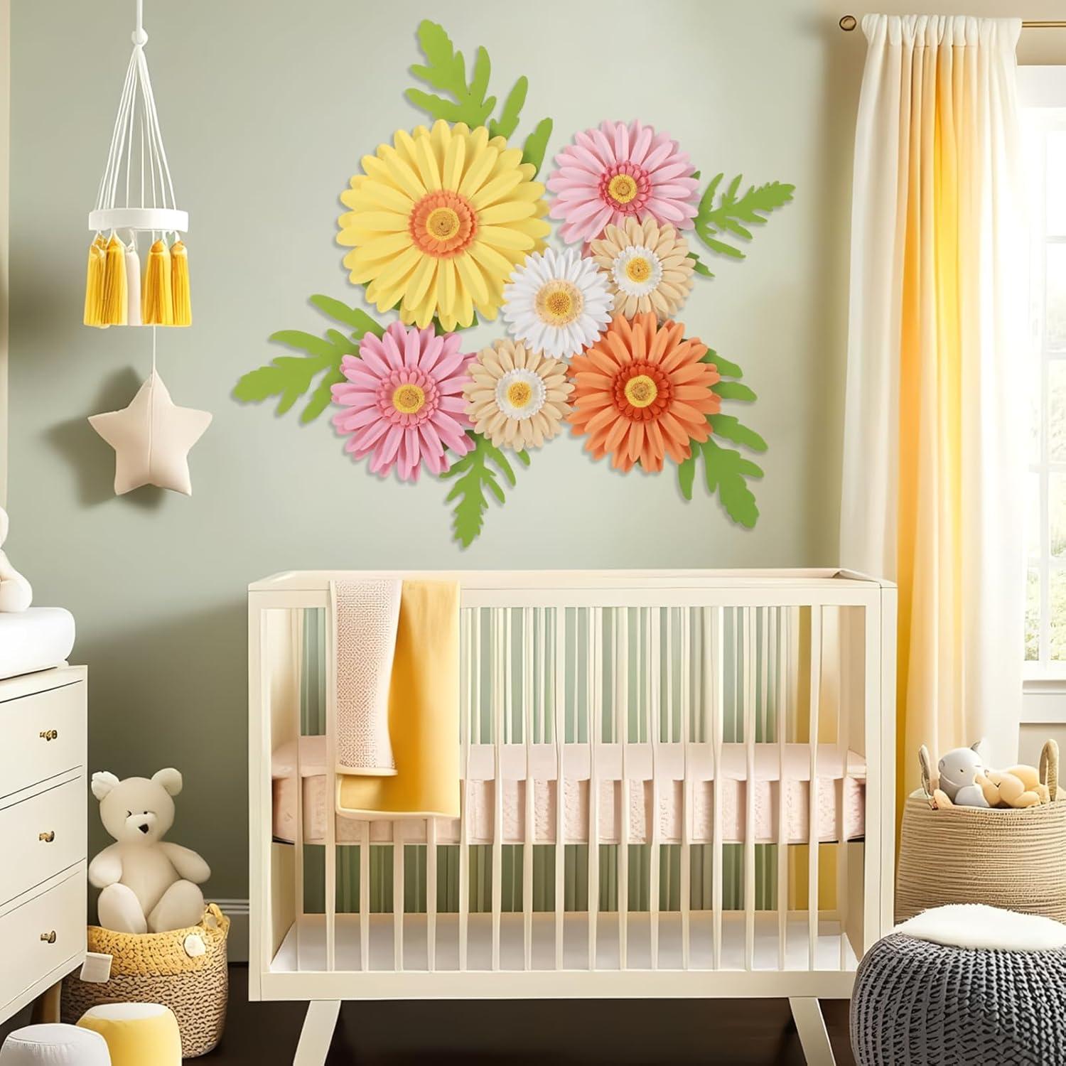image:imagePaper Flower Decoration for Wall 3D Paper Butterfly Flower Bulletin Board Decor Pink White Artificial Flower Backdrop Wall Decor Green Leaves Vine for Classroom Office Spring Garden Tea Women BirthdayDaisy Paper Flowers