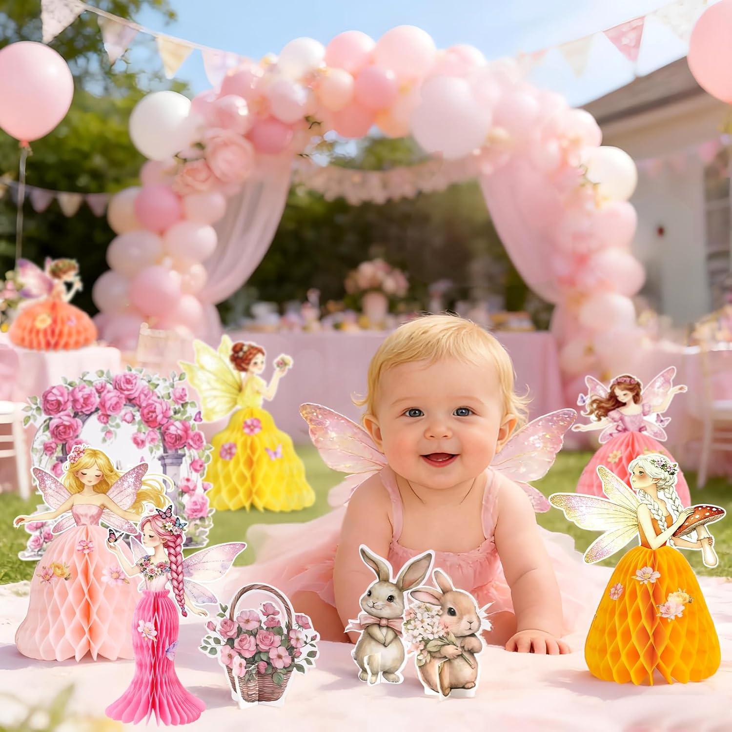 image:imageSUNBEAUTY Fairy Birthday Party Decorations Fairy First Centerpieces for Tables 3D Fairies Honeycomb Centerpieces with Rabbits Enchanted Party Table Topper for Spring Garden Woodland Forest BirthdayPink Orange Fairy Table