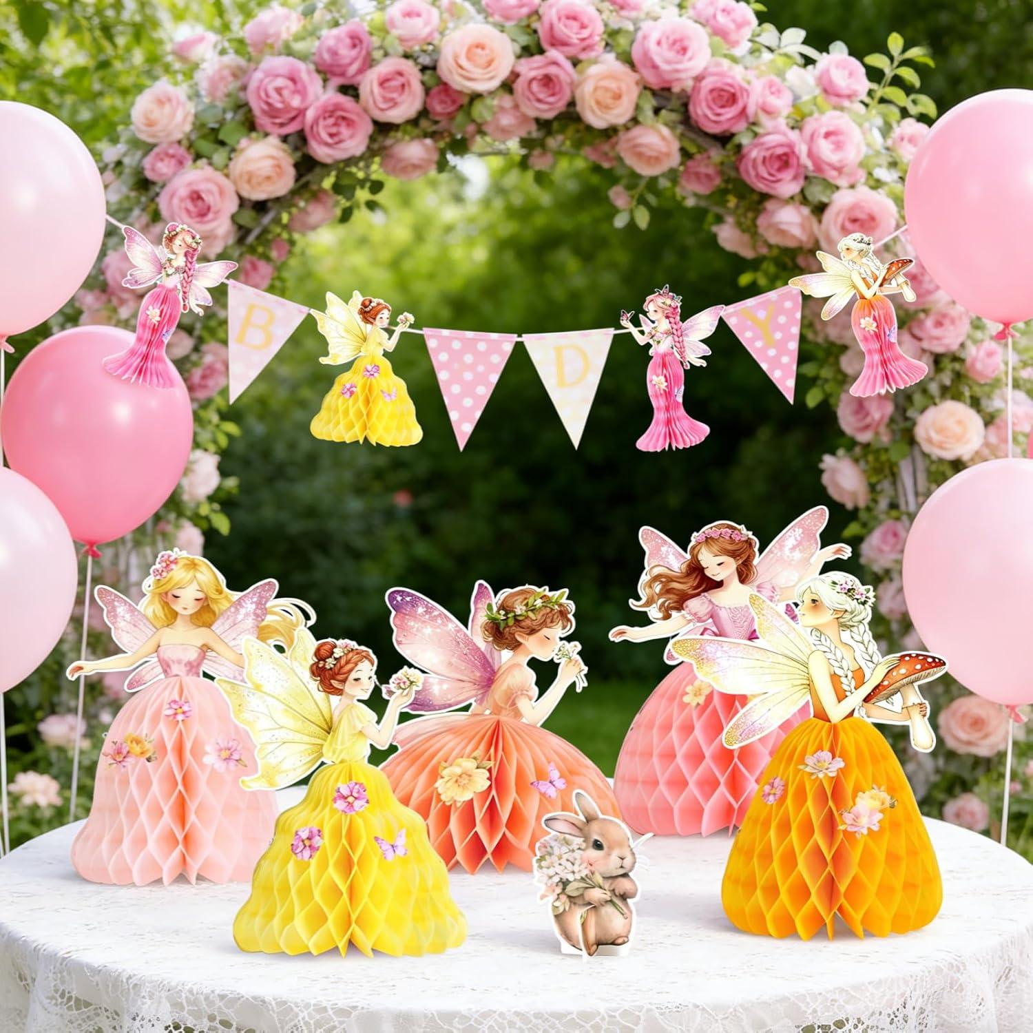 image:imageSUNBEAUTY Fairy Birthday Party Decorations Fairy First Centerpieces for Tables 3D Fairies Honeycomb Centerpieces with Rabbits Enchanted Party Table Topper for Spring Garden Woodland Forest BirthdayPink Orange Fairy Table
