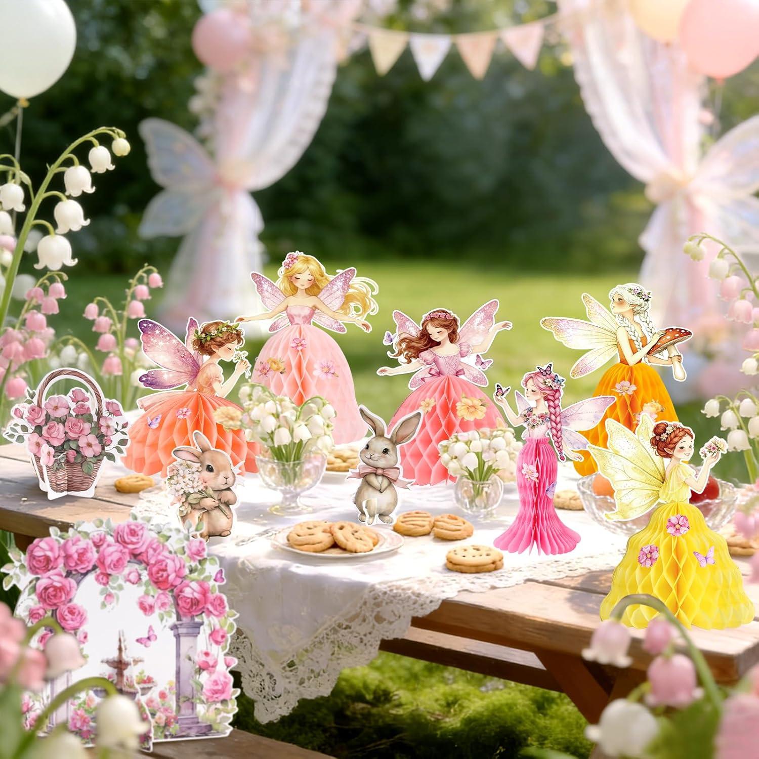 image:imageSUNBEAUTY Fairy Birthday Party Decorations Fairy First Centerpieces for Tables 3D Fairies Honeycomb Centerpieces with Rabbits Enchanted Party Table Topper for Spring Garden Woodland Forest BirthdayPink Orange Fairy Table