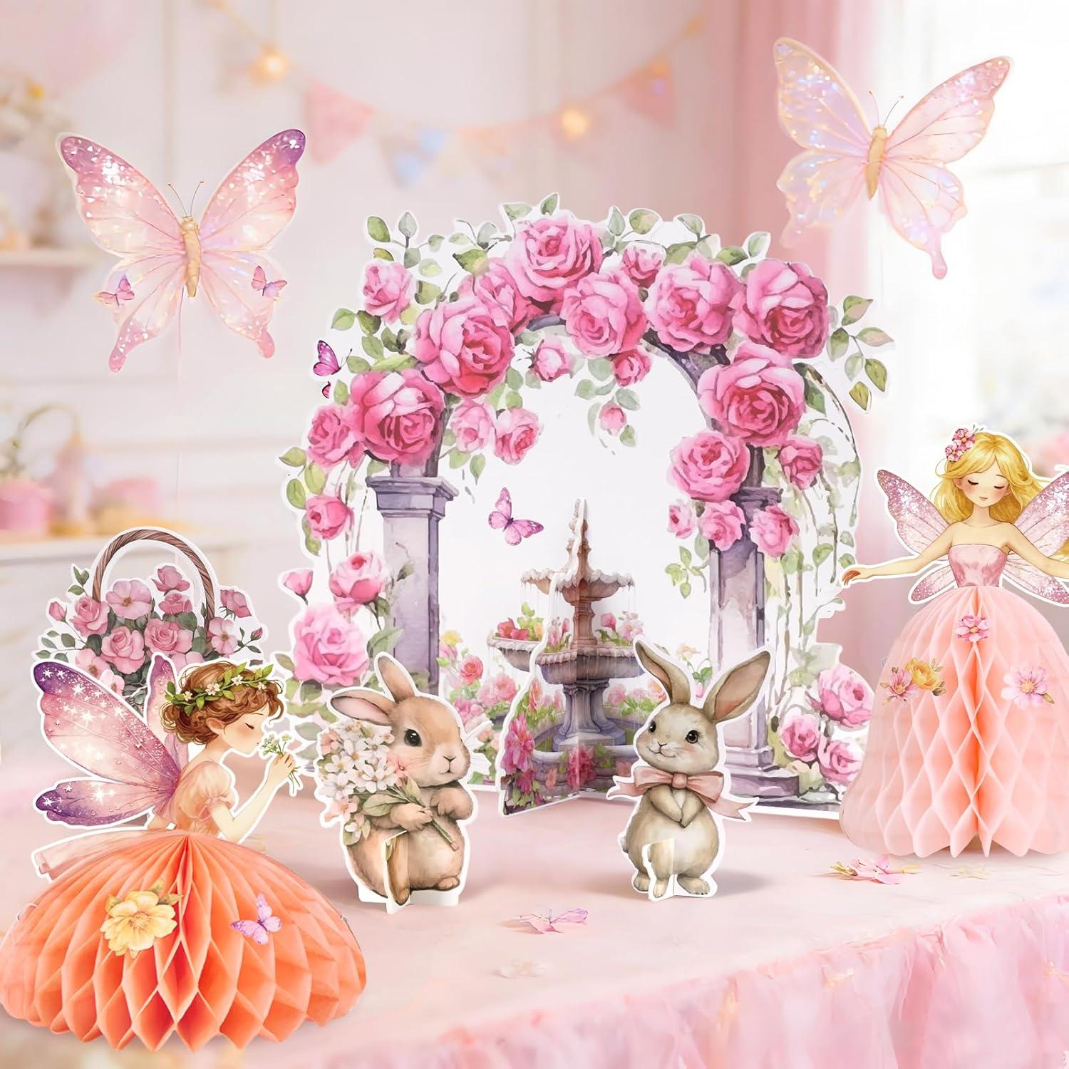 image:imageSUNBEAUTY Fairy Birthday Party Decorations Fairy First Centerpieces for Tables 3D Fairies Honeycomb Centerpieces with Rabbits Enchanted Party Table Topper for Spring Garden Woodland Forest BirthdayPink Orange Fairy Table