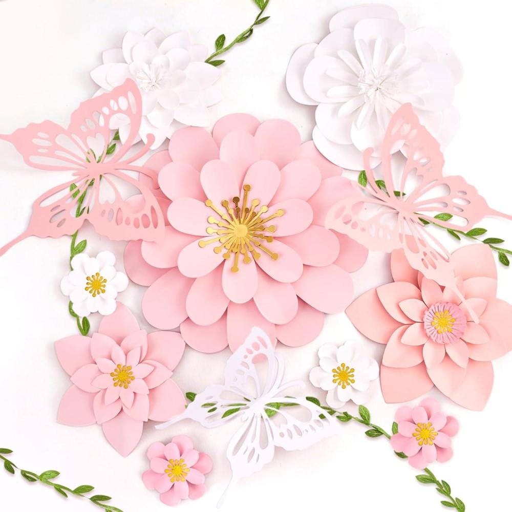 image:imagePaper Flower Decoration for Wall 3D Paper Butterfly Flower Bulletin Board Decor Pink White Artificial Flower Backdrop Wall Decor Green Leaves Vine for Classroom Office Spring Garden Tea Women BirthdayPink White Paper Flower