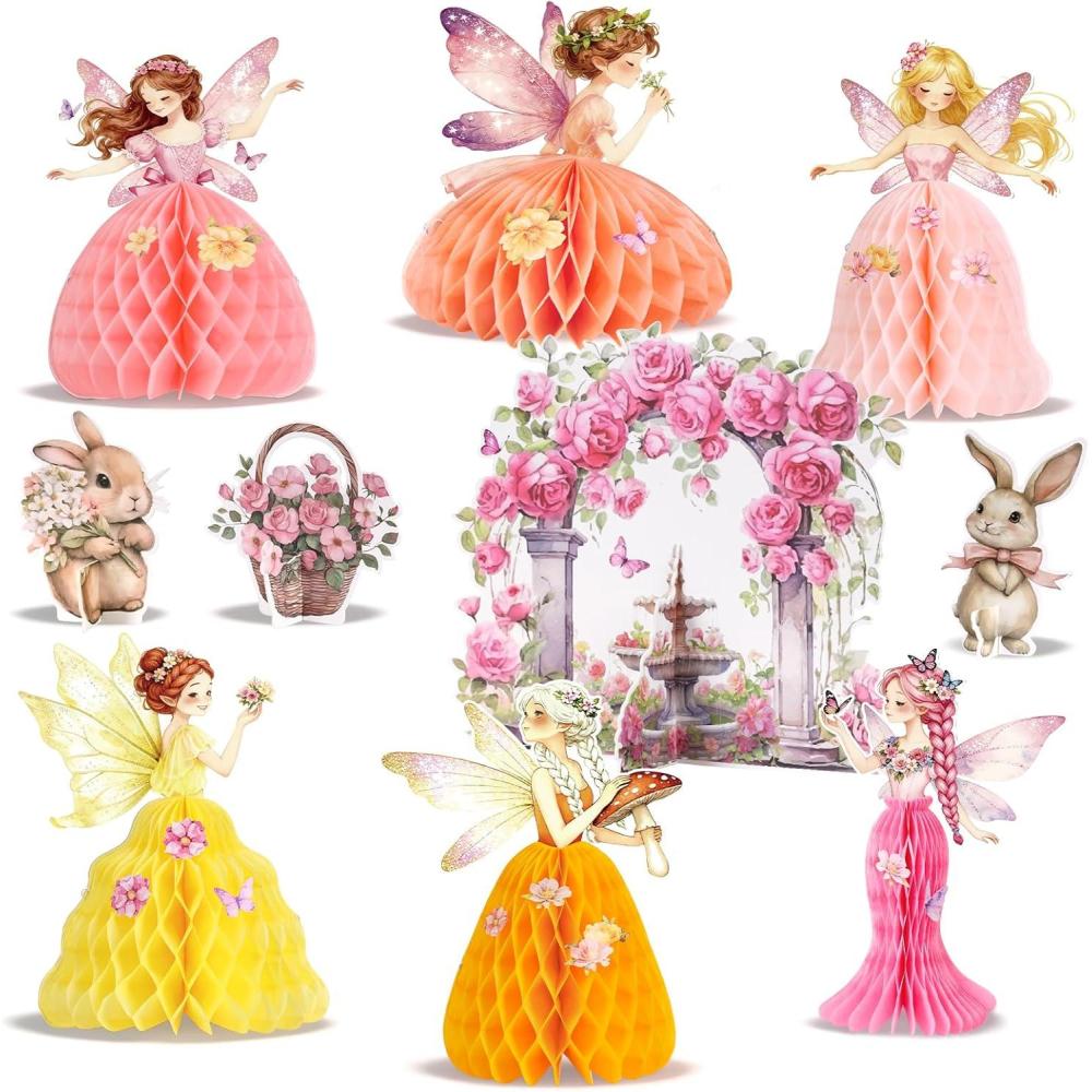 image:imageSUNBEAUTY Fairy Birthday Party Decorations Fairy First Centerpieces for Tables 3D Fairies Honeycomb Centerpieces with Rabbits Enchanted Party Table Topper for Spring Garden Woodland Forest BirthdayPink Orange Fairy Table