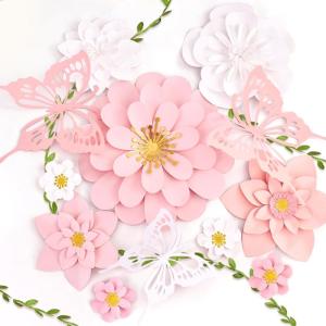 Paper Flower Decoration for Wall 3D Paper Butterfly Flower Bulletin Board Decor Pink White Artificial Flower Backdrop Wall Decor Green Leaves Vine for Classroom Office Spring Garden Tea Women Birthday(Pink  White Paper Flower)