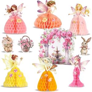 SUNBEAUTY Fairy Birthday Party Decorations Fairy First Centerpieces for Tables 3D Fairies Honeycomb Centerpieces with Rabbits Enchanted Party Table Topper for Spring Garden Woodland Forest Birthday(Pink Orange Fairy Table)