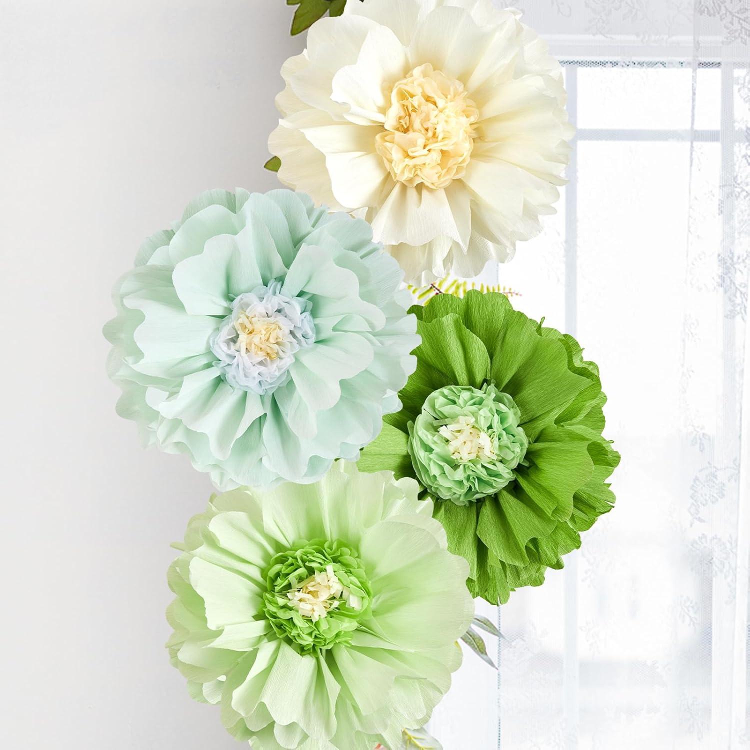 image:imageSUNBEAUTY 6 Pcs Large Boho Tissue Paper Flowers 12 Giant Crepe Paper Flowers Decorations for Birthday Mexican Fiesta Spring Wedding Flower Backdrop Baby Bridal Shower Carnival Party Wall DecorGreen Flower4pcs