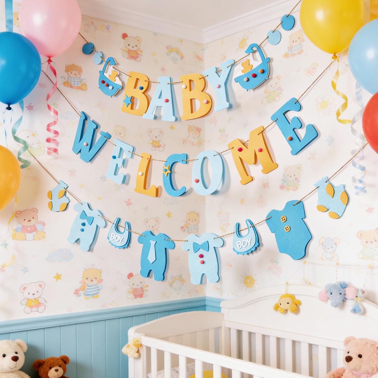 image:imageSUNBEAUTY Boy Baby Shower Decorations Welcome Baby Felt Banner Blue Boy Baby Bodysuit Banner with DIY Felt Balls Welcome Baby Sign for Gender Reveal Birthday Baby Shower Neutral Party Nursery DecorBlue Baby Shower