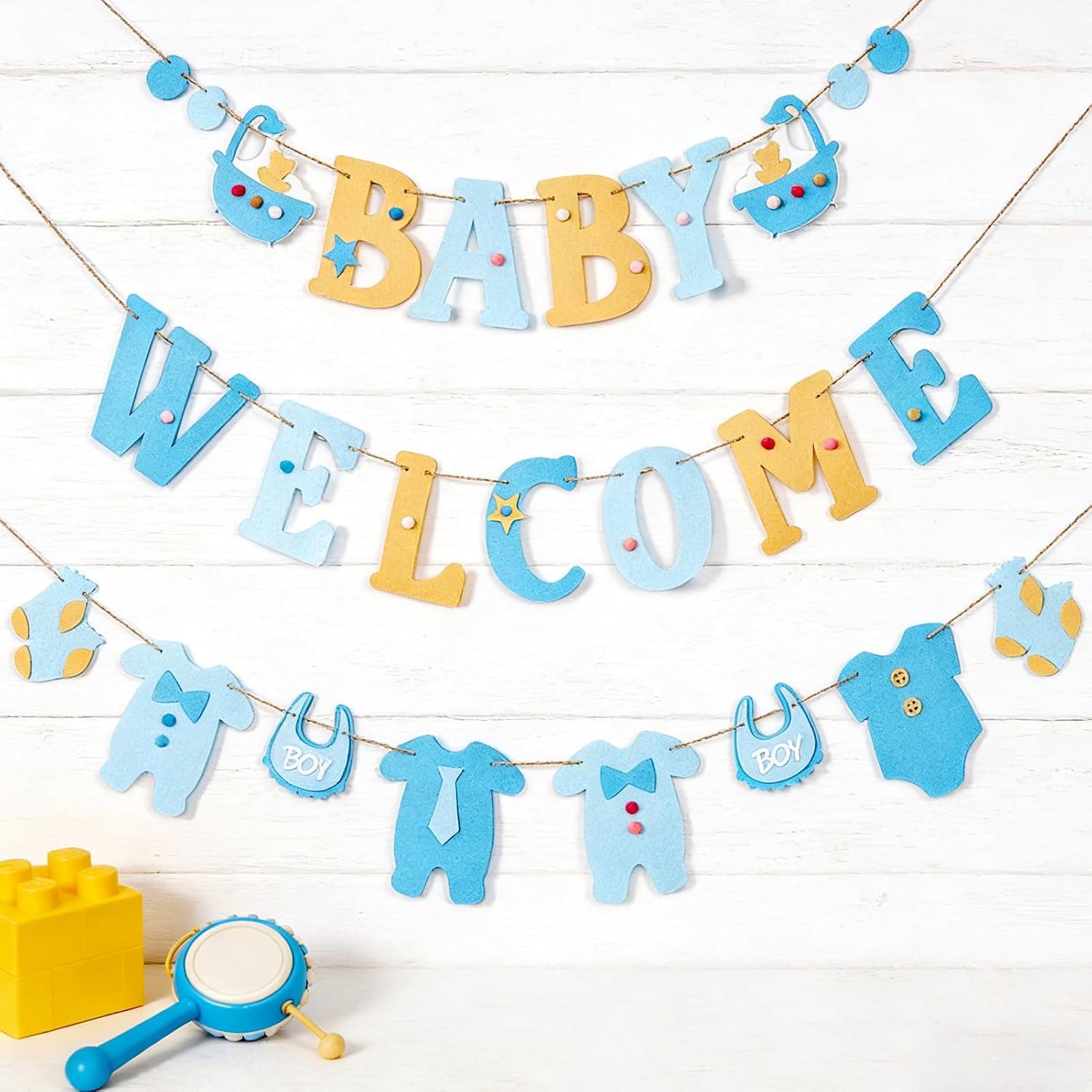 image:imageSUNBEAUTY Boy Baby Shower Decorations Welcome Baby Felt Banner Blue Boy Baby Bodysuit Banner with DIY Felt Balls Welcome Baby Sign for Gender Reveal Birthday Baby Shower Neutral Party Nursery DecorBlue Baby Shower