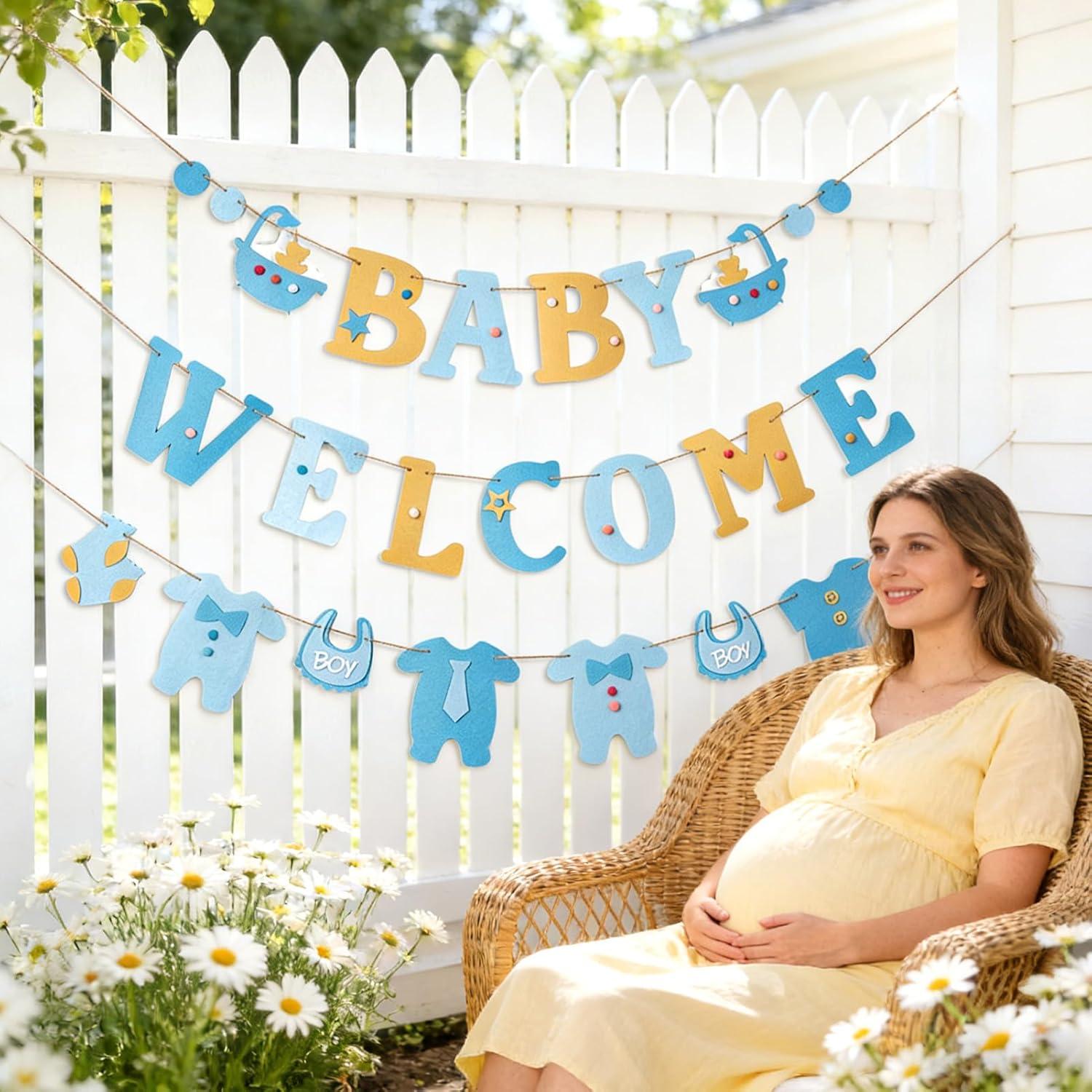 image:imageSUNBEAUTY Boy Baby Shower Decorations Welcome Baby Felt Banner Blue Boy Baby Bodysuit Banner with DIY Felt Balls Welcome Baby Sign for Gender Reveal Birthday Baby Shower Neutral Party Nursery DecorBlue Baby Shower