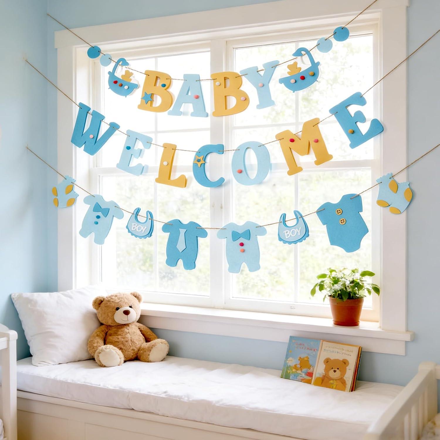image:imageSUNBEAUTY Boy Baby Shower Decorations Welcome Baby Felt Banner Blue Boy Baby Bodysuit Banner with DIY Felt Balls Welcome Baby Sign for Gender Reveal Birthday Baby Shower Neutral Party Nursery DecorBlue Baby Shower
