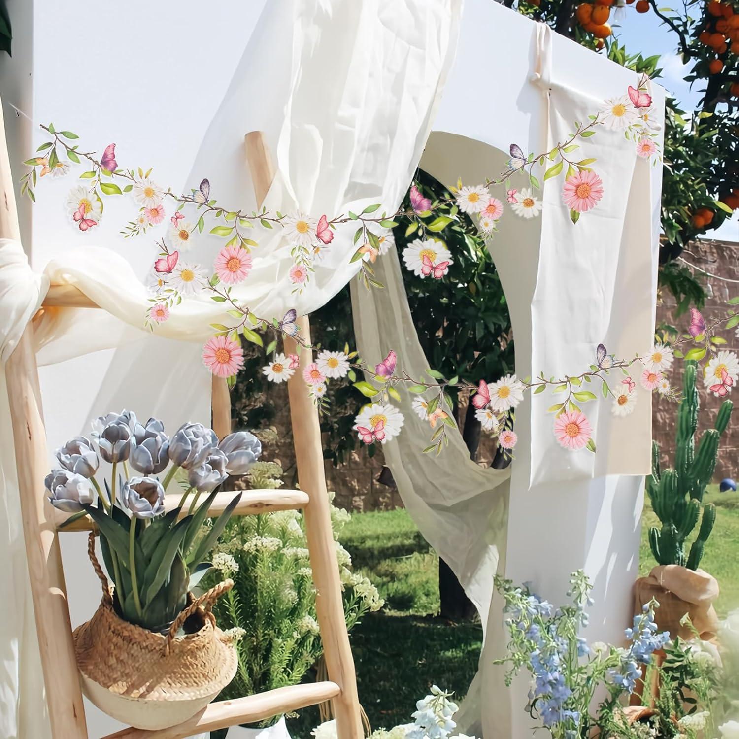 image:imageSUNBEAUTY Wildflower Banner 2 Pcs Garden Party Flower Spring Summer Reusable Waterproof Garland 98FT for Enchanted Garden Woodland Tropical Wedding Baby Shower Birthday Tea Supplies Girl DecorationsPet Flowers Pink