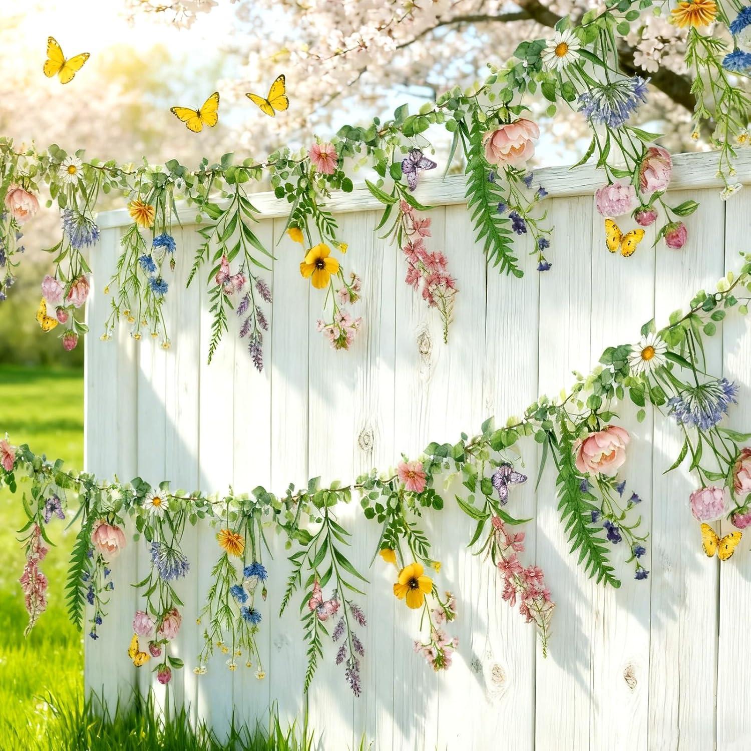 image:imageSUNBEAUTY Wildflower Banner 2 Pcs Garden Party Flower Spring Summer Reusable Waterproof Garland 98FT for Enchanted Garden Woodland Tropical Wedding Baby Shower Birthday Tea Supplies Girl DecorationsWildflower Garland 2
