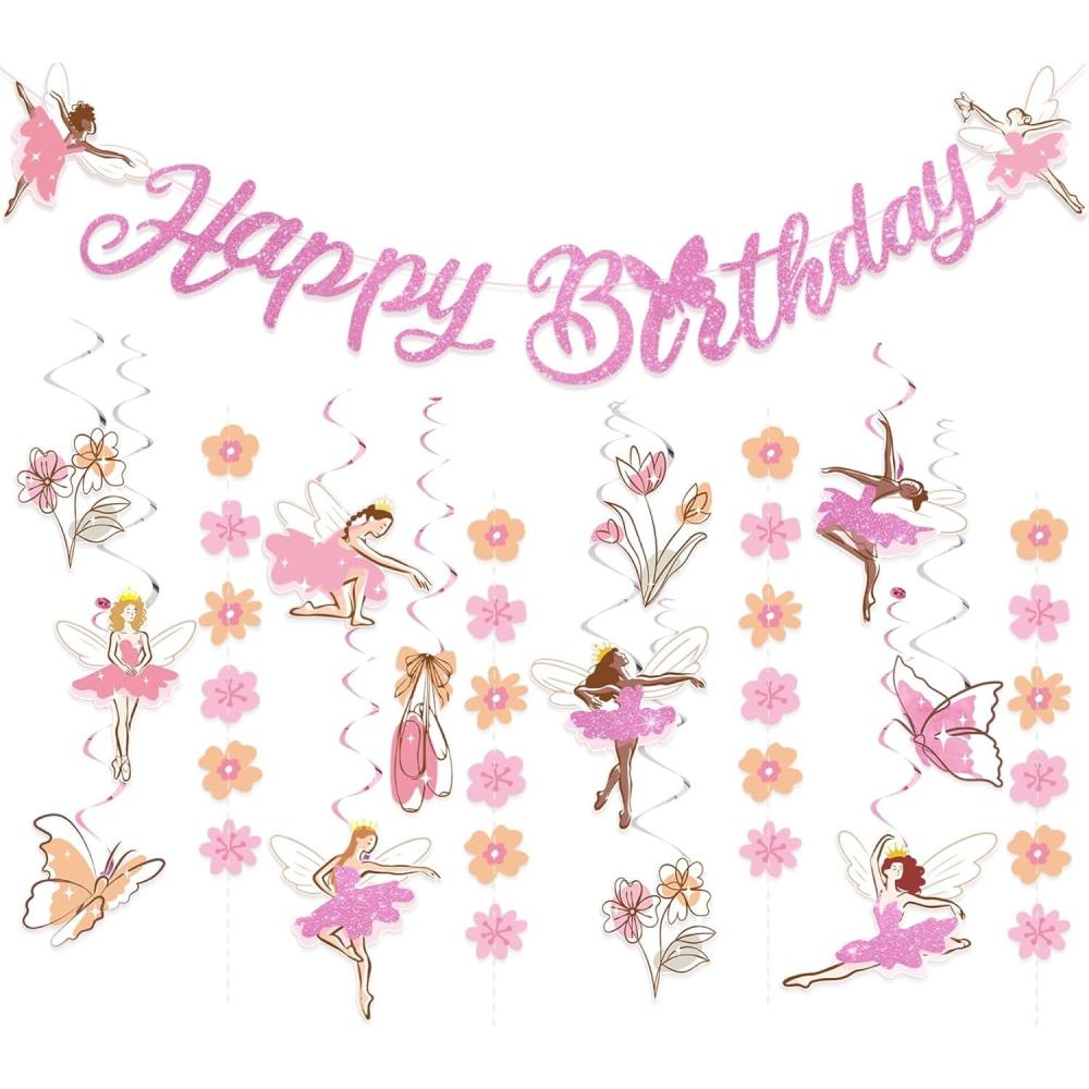 image:imageSUNBEAUTY Ballerina Birthday Party Decorations Pink Ballet Girls Happy Birthday Banners Ballet Themed Hanging Banner Flower Garland Wall Ceiling Decor for Girls Tutu Dance Party SuppliesBallerina Dancer Banner