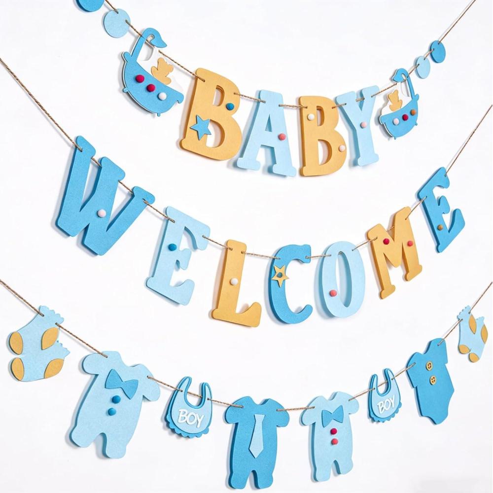 image:imageSUNBEAUTY Boy Baby Shower Decorations Welcome Baby Felt Banner Blue Boy Baby Bodysuit Banner with DIY Felt Balls Welcome Baby Sign for Gender Reveal Birthday Baby Shower Neutral Party Nursery DecorBlue Baby Shower