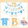 SUNBEAUTY Boy Baby Shower Decorations Welcome Baby Felt Banner Blue Boy Baby Bodysuit Banner with DIY Felt Balls Welcome Baby Sign for Gender Reveal Birthday Baby Shower Neutral Party Nursery Decor(Blue Baby Shower)