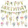 SUNBEAUTY Ballerina Birthday Party Decorations Pink Ballet Girls Happy Birthday Banners Ballet Themed Hanging Banner Flower Garland Wall Ceiling Decor for Girls Tutu Dance Party Supplies(Wildflower-butterfly-leaf)