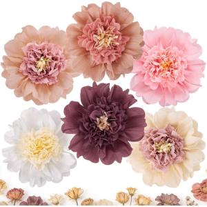SUNBEAUTY 6 Pcs Large Boho Tissue Paper Flowers 12” Giant Crepe Paper Flowers Decorations for Birthday Mexican Fiesta Spring Wedding Flower Backdrop Baby Bridal Shower Carnival Party Wall Decor(Boho Paper Flowers 6pcs-12”)