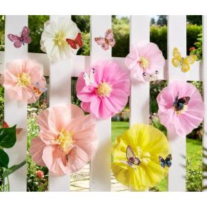 SUNBEAUTY 6 Pcs Large Boho Tissue Paper Flowers 12” Giant Crepe Paper Flowers Decorations for Birthday Mexican Fiesta Spring Wedding Flower Backdrop Baby Bridal Shower Carnival Party Wall Decor(Pink Yellow Paper Flower With Butterfly)