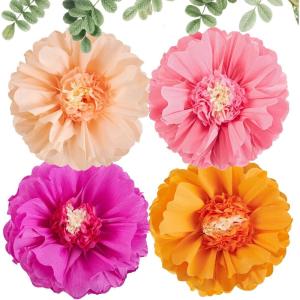 SUNBEAUTY 6 Pcs Large Boho Tissue Paper Flowers 12” Giant Crepe Paper Flowers Decorations for Birthday Mexican Fiesta Spring Wedding Flower Backdrop Baby Bridal Shower Carnival Party Wall Decor(Hot Pink and Orange)