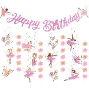 SUNBEAUTY Ballerina Birthday Party Decorations Pink Ballet Girls Happy Birthday Banners Ballet Themed Hanging Banner Flower Garland Wall Ceiling Decor for Girls Tutu Dance Party Supplies(Ballerina Dancer Banner)