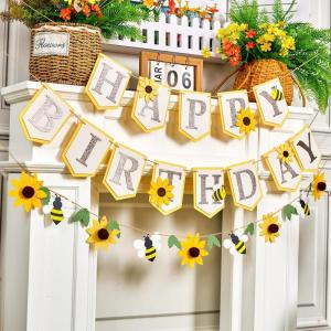 SUNBEAUTY Boy Baby Shower Decorations Welcome Baby Felt Banner Blue Boy Baby Bodysuit Banner with DIY Felt Balls Welcome Baby Sign for Gender Reveal Birthday Baby Shower Neutral Party Nursery Decor(Yellow-Sunflower Bee)