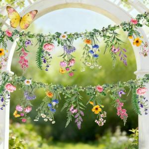 SUNBEAUTY Wildflower Banner 2 Pcs Garden Party Flower Spring Summer Reusable Waterproof Garland 9.8FT for Enchanted Garden Woodland Tropical Wedding Baby Shower Birthday Tea Supplies Girl Decorations(Wildflower Garland – 2)