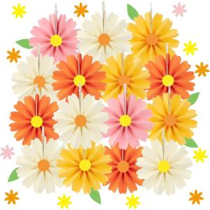 SUNBEAUTY14PCS Pastel Paper Fans Party Decoration Paper Flowers Decorations for Wall Hanging Paper Flowers Floral Backdrop Flower Garland for Birthday Baby Shower Spring Decor Classroom Decorations(Mini orange-15)