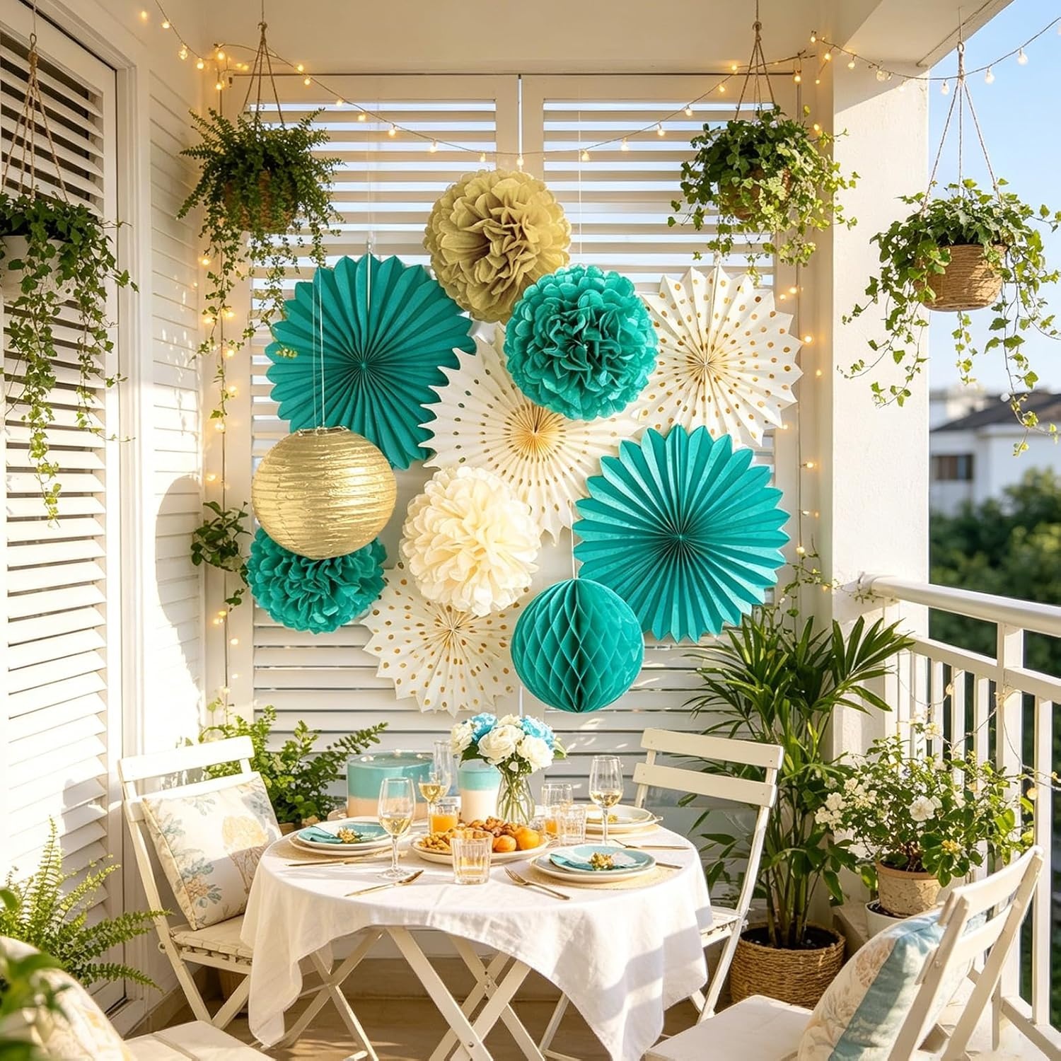 image:imageHawaiian Luau Party Decorations Tropical Beach Aloha Palm Leaves Garland Luau Honeycomb Table Centerpiece Tissue Pom Poms Paper Fans Tiki Totem Hanging Decor Tropical Summer Beach Pool Party SuppliesTeal and Gold Birthday Decorations