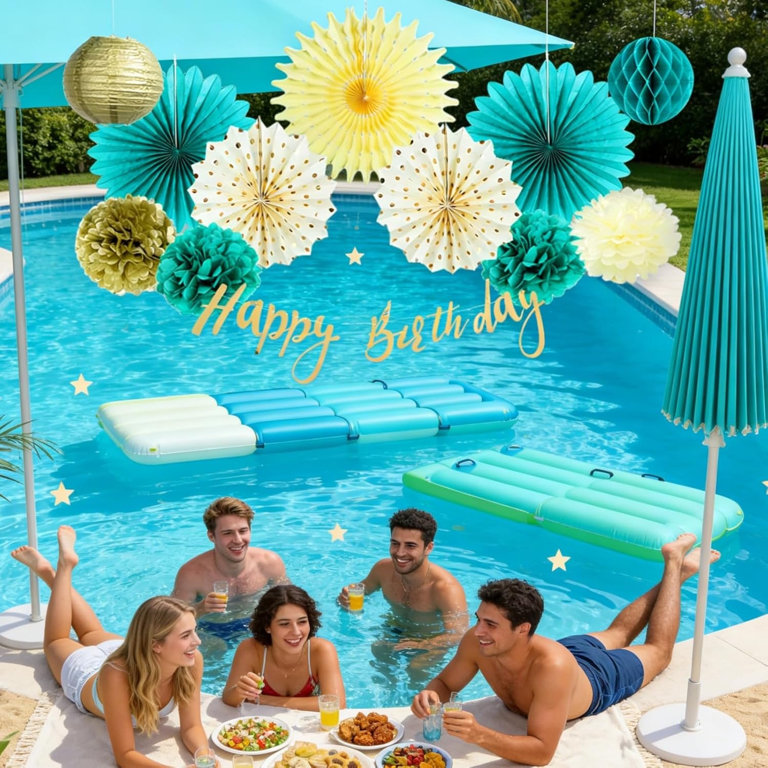 image:imageHawaiian Luau Party Decorations Tropical Beach Aloha Palm Leaves Garland Luau Honeycomb Table Centerpiece Tissue Pom Poms Paper Fans Tiki Totem Hanging Decor Tropical Summer Beach Pool Party SuppliesTeal and Gold Birthday Decorations