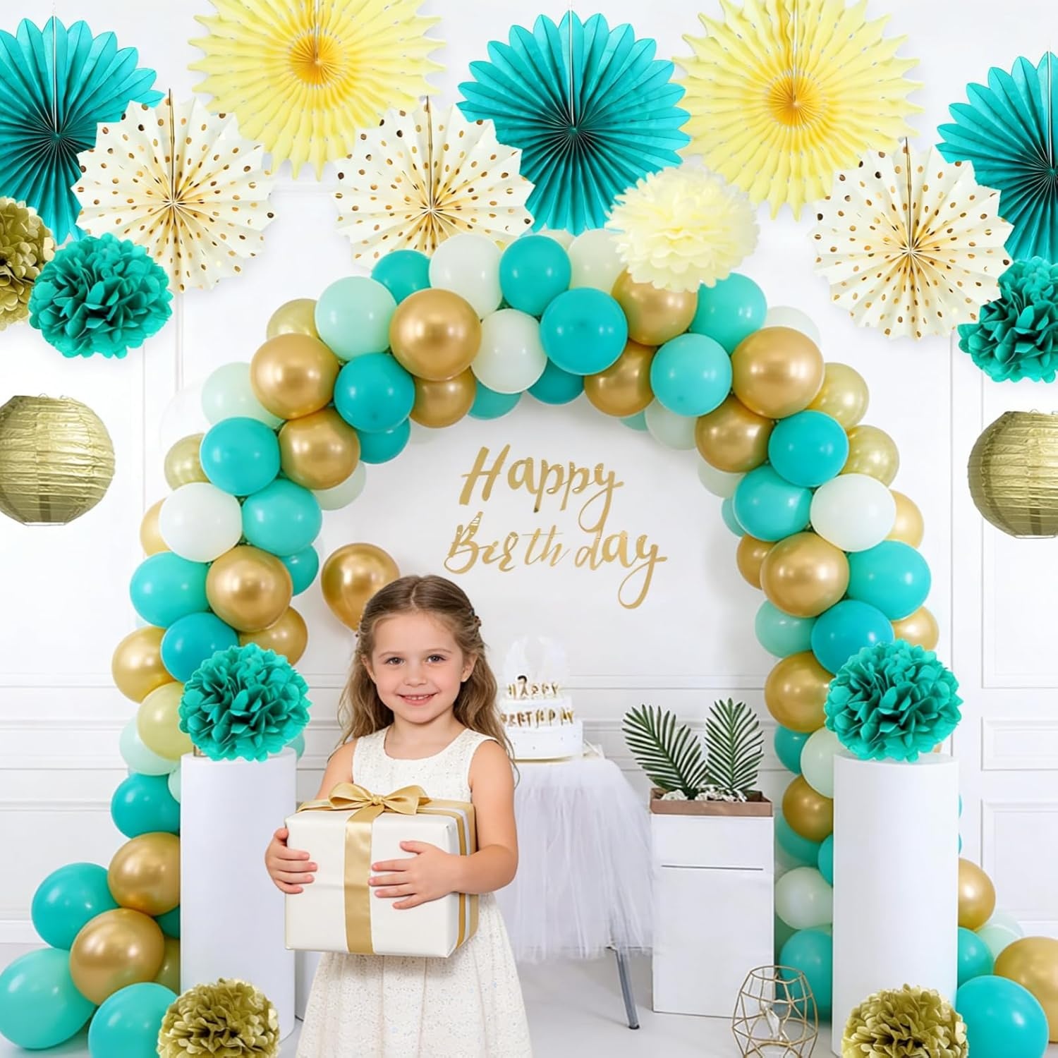 image:imageHawaiian Luau Party Decorations Tropical Beach Aloha Palm Leaves Garland Luau Honeycomb Table Centerpiece Tissue Pom Poms Paper Fans Tiki Totem Hanging Decor Tropical Summer Beach Pool Party SuppliesTeal and Gold Birthday Decorations