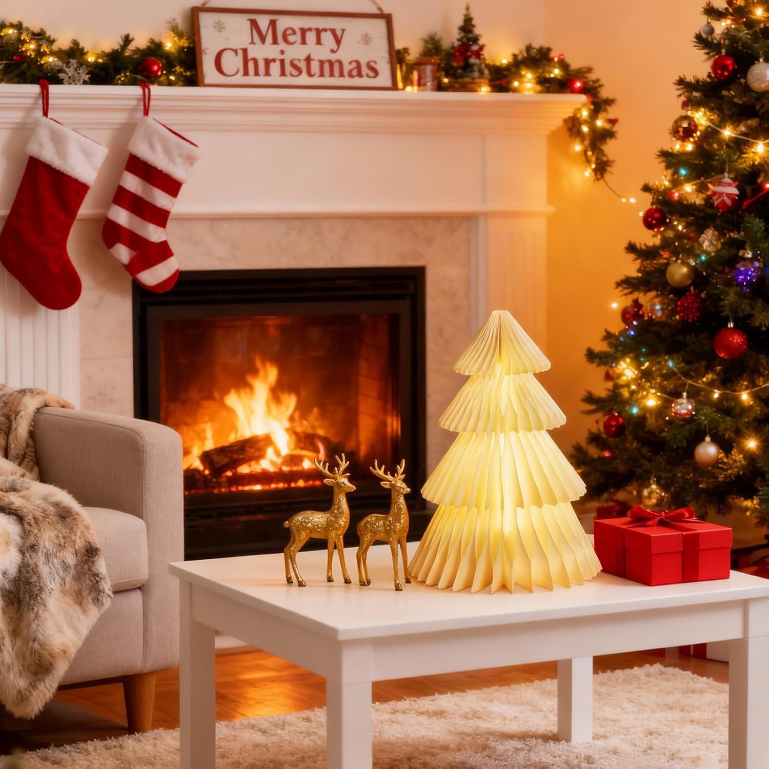 image:imageLarge 20 Inch Green Paper Christmas Tree 2 Pcs Honeycomb Trees Christmas Decorations with Magnetic Closure Reusable Paper Trees for Holiday Table Centerpieces and MantelWhite Tree