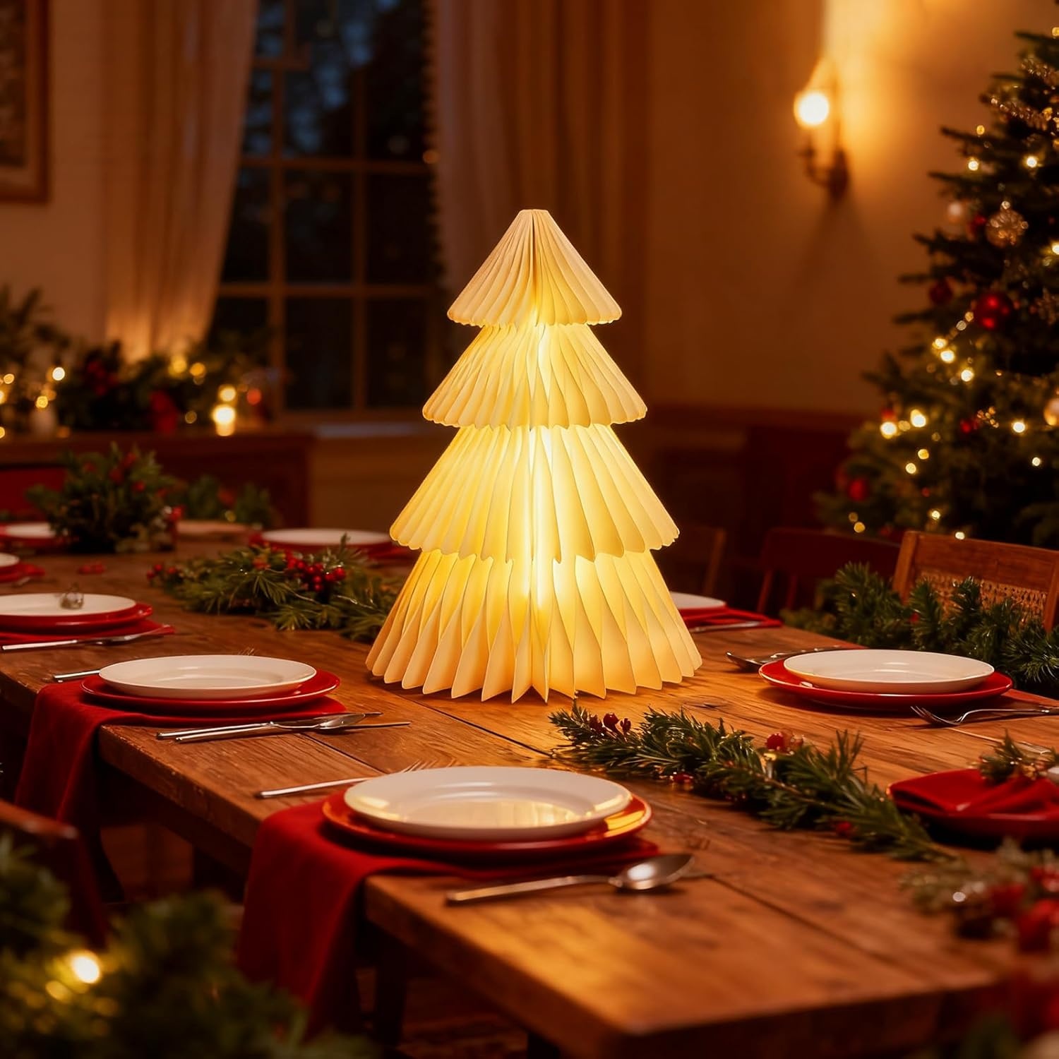 image:imageLarge 20 Inch Green Paper Christmas Tree 2 Pcs Honeycomb Trees Christmas Decorations with Magnetic Closure Reusable Paper Trees for Holiday Table Centerpieces and MantelWhite Tree