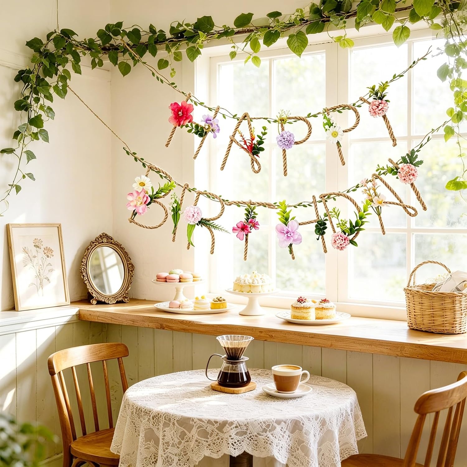 image:imageSUNBEAUTY 2 Pcs Wildflower Birthday Party Decorations 132FT Sturdy Hemp Rope Metal Happy Birthday Banner Handmade Hanging Banner 3D Garland Garden Tea Party Floral Decorations for Girls Women Baby