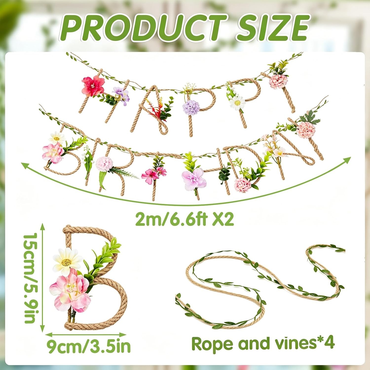 image:imageSUNBEAUTY 2 Pcs Wildflower Birthday Party Decorations 132FT Sturdy Hemp Rope Metal Happy Birthday Banner Handmade Hanging Banner 3D Garland Garden Tea Party Floral Decorations for Girls Women Baby