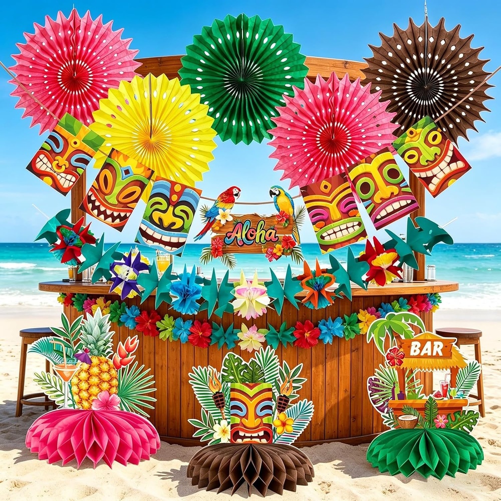 image:imageHawaiian Luau Party Decorations Tropical Beach Aloha Palm Leaves Garland Luau Honeycomb Table Centerpiece Tissue Pom Poms Paper Fans Tiki Totem Hanging Decor Tropical Summer Beach Pool Party SuppliesHawaiian Luau Party Decorations
