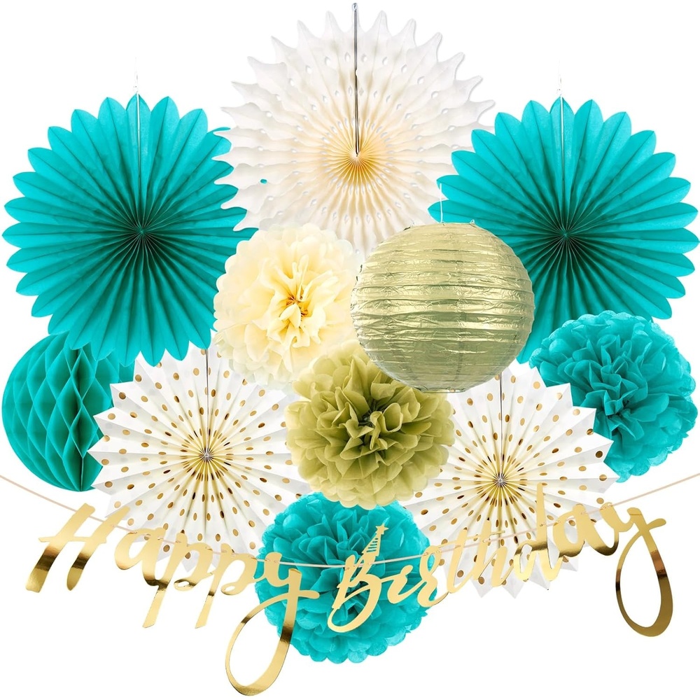 image:imageHawaiian Luau Party Decorations Tropical Beach Aloha Palm Leaves Garland Luau Honeycomb Table Centerpiece Tissue Pom Poms Paper Fans Tiki Totem Hanging Decor Tropical Summer Beach Pool Party SuppliesTeal and Gold Birthday Decorations
