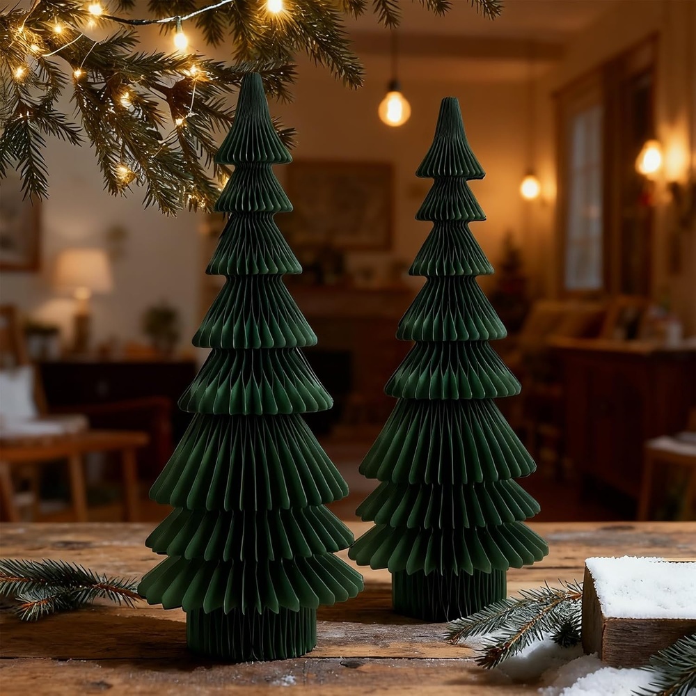 image:imageLarge 20 Inch Green Paper Christmas Tree 2 Pcs Honeycomb Trees Christmas Decorations with Magnetic Closure Reusable Paper Trees for Holiday Table Centerpieces and MantelAccordion Tree Green