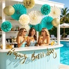 Hawaiian Luau Party Decorations Tropical Beach Aloha Palm Leaves Garland Luau Honeycomb Table Centerpiece Tissue Pom Poms Paper Fans Tiki Totem Hanging Decor Tropical Summer Beach Pool Party Supplies(Teal and Gold Birthday Decorations)
